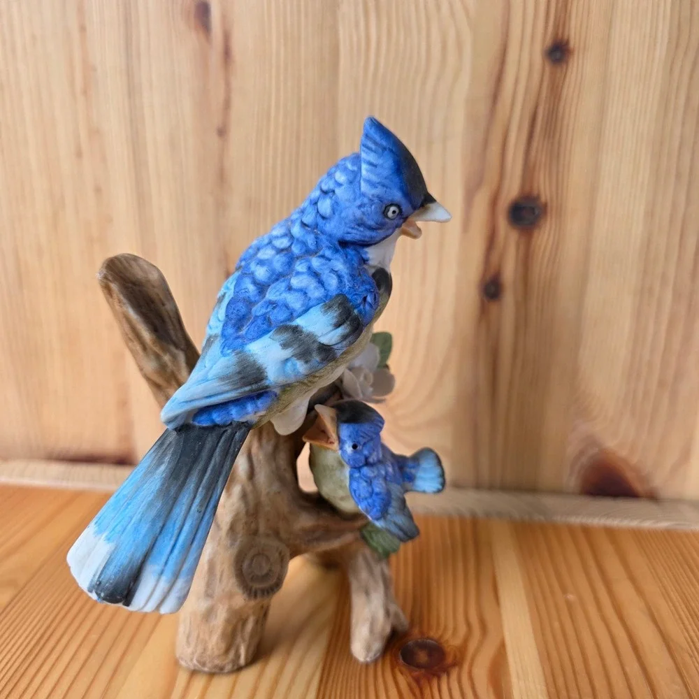 Vintage Porcelain Blue Jay and Fledgling Bird Figurine on Branch with Flower
